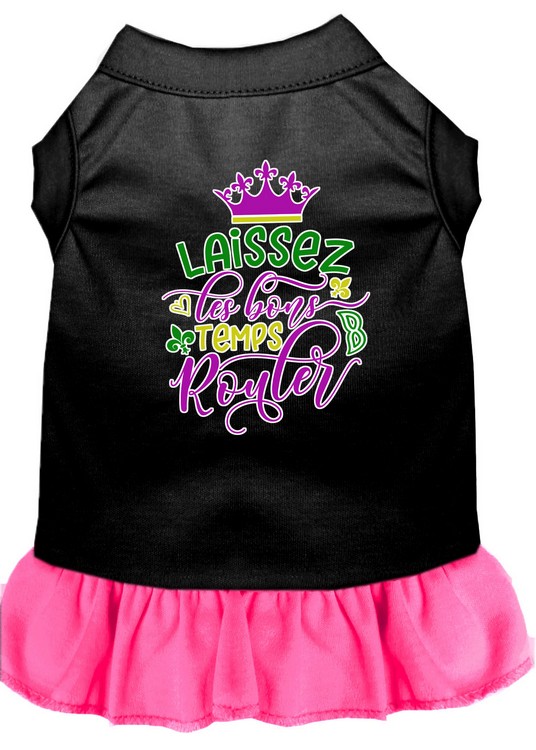 Laissez Les Bons Temps Rouler Screen Print Mardi Gras Dog Dress Black with Bright Pink XL